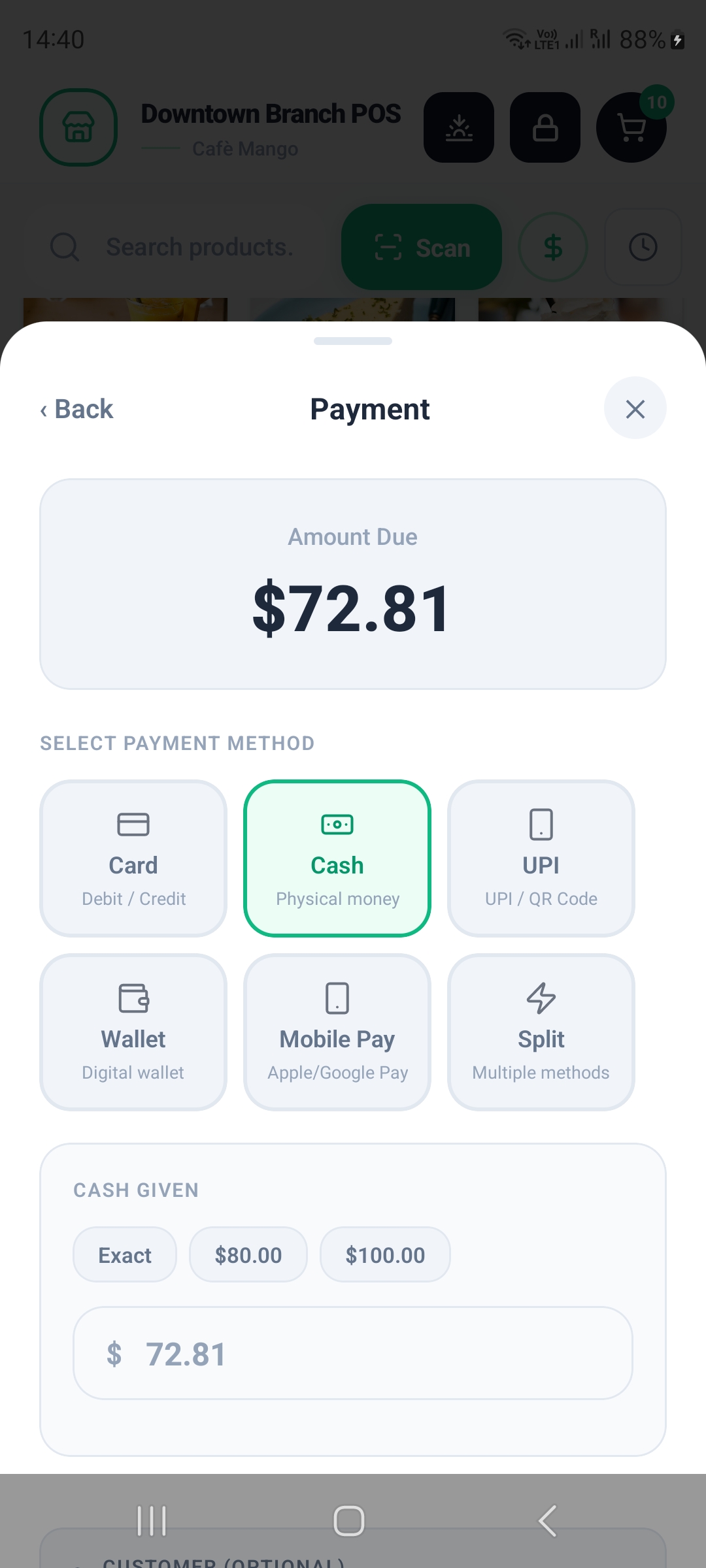 Payment screen
